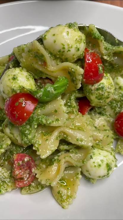 pasta fredda gustosa con pesto, pomodorini secchi e mozzarel