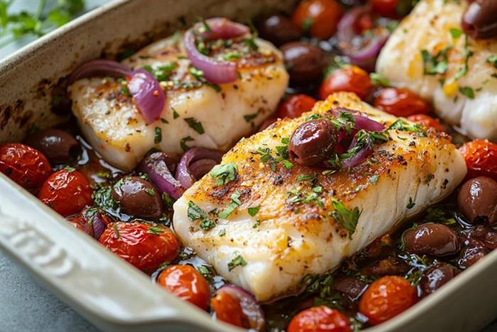 Filetti di merluzzo al forno con pomodorini e olive
