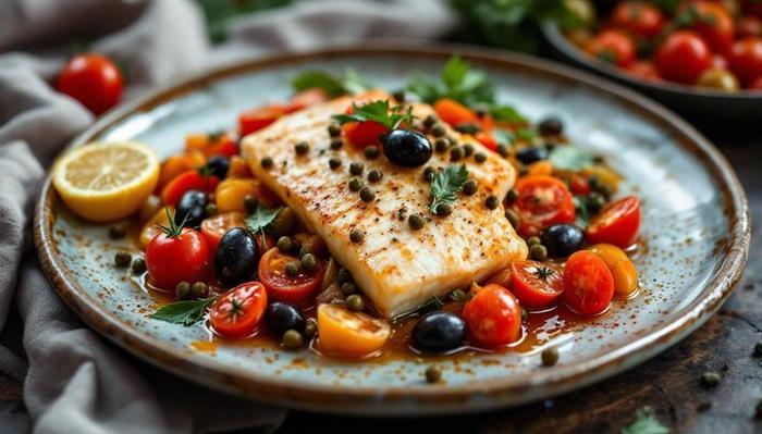 Pesce spada al forno con pomodorini, olive e limone